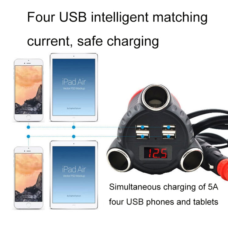 Cup-shaped black 4-port USB car charger with LED display and red power plug