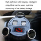 Gray 4-port USB car charger with LED voltage display, two USB ports, and twin sockets