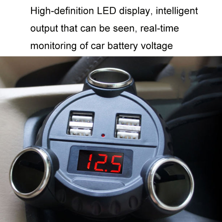 Gray 4-port USB car charger with LED voltage display, two USB ports, and twin sockets