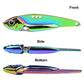 Iridescent blue and purple fishing lure shown front, side, and bottom views