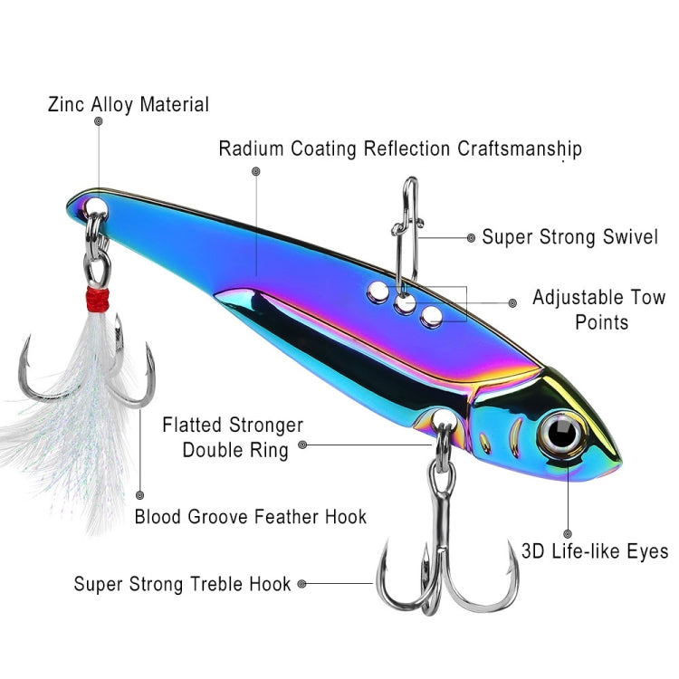Iridescent blue and purple lure with white feather skirt and labeled rig details