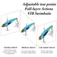 Iridescent blue and purple fishing lure with feather skirt in action pose diagrams