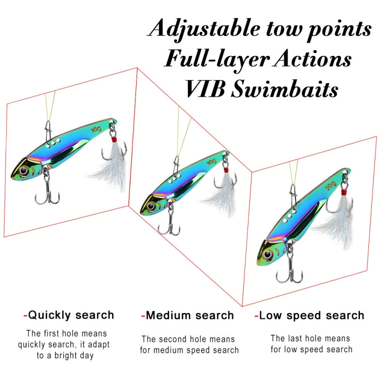 Iridescent blue and purple fishing lure with feather skirt in action pose diagrams