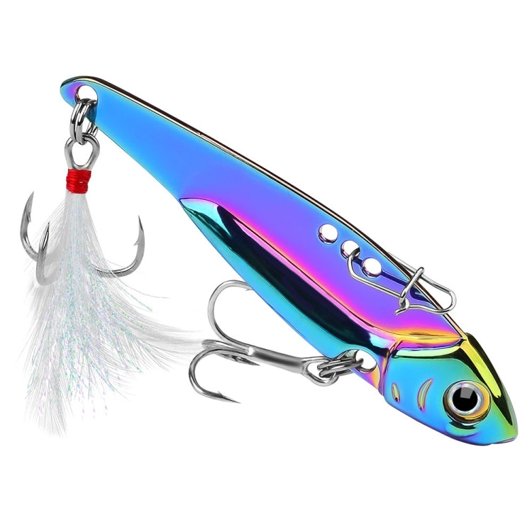 Iridescent blue and purple lure with white feather skirt, weighted body, and metal hook rings