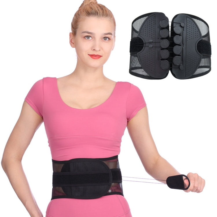Black lumbar support belt with adjustable back band and mesh wrap, worn