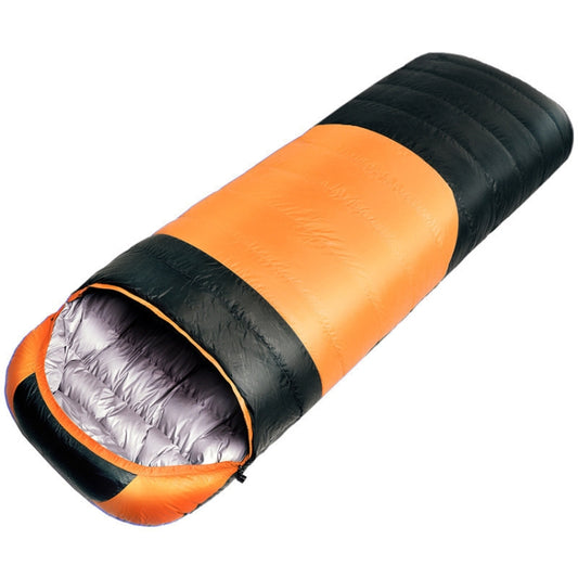 Orange and black electric heating sleeping bag with zip hood and down-style fill