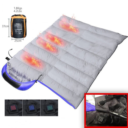 Electric heating sleeping bag laid open, showing warming strips and zippered end