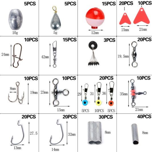 Assorted fishing lure and hook weight set with jigs, swivels, and size-count labels