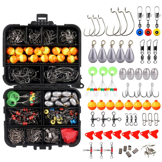 Fishing tackle accessory set in black divided case with hooks, floats, sinkers, swivels