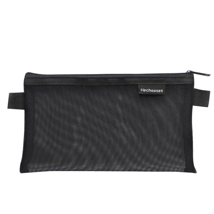 Black transparent mesh pen pouch with zipper and side handle tabs