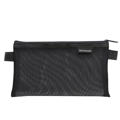 Black transparent mesh pen pouch with zipper and side handle tabs