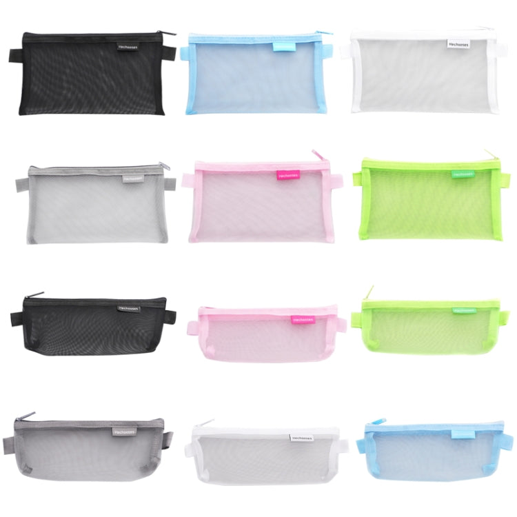 Set of transparent mesh zipper pen bags in black, blue, white, gray, pink, and green