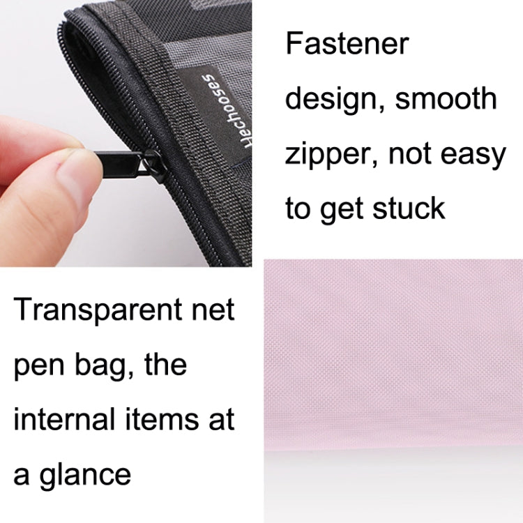 Transparent mesh pen bag zipper close-up with hand pulling slider