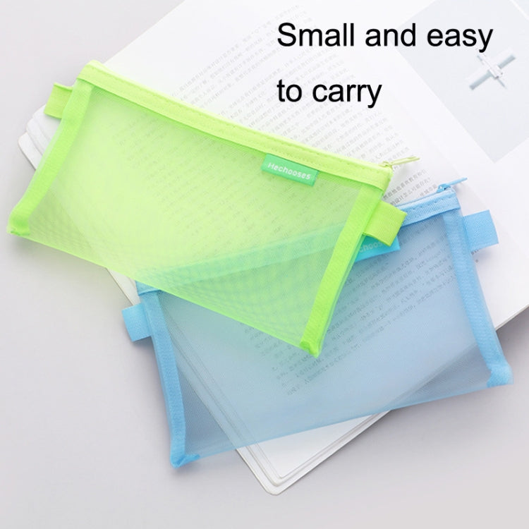 Neon green and light blue transparent mesh zipper pen bags stacked