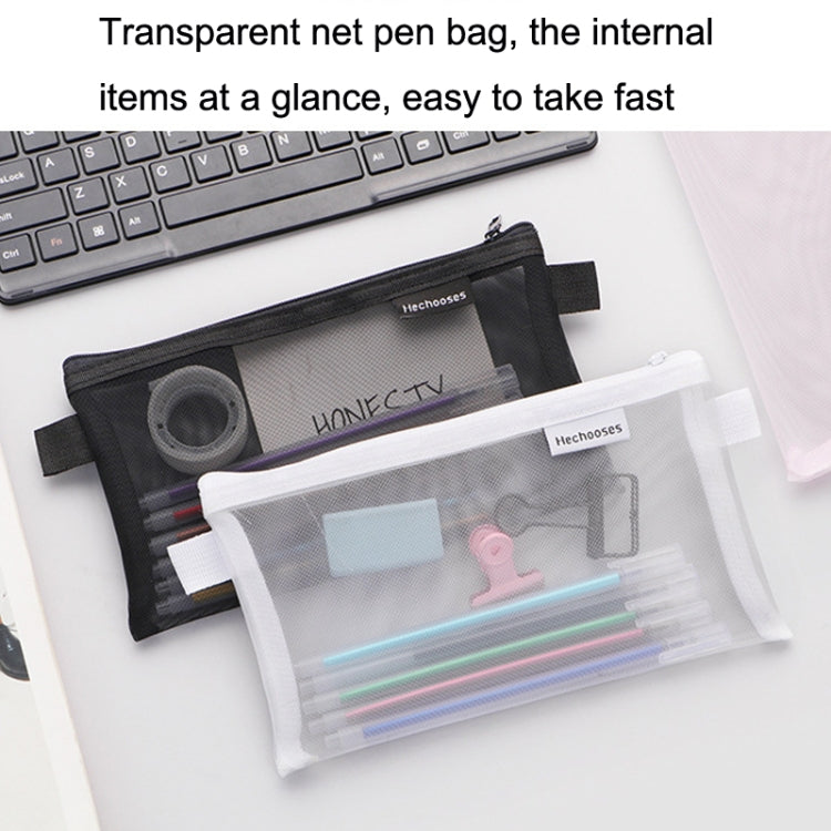 Black and white transparent mesh zipper pen bags with pens and small supplies