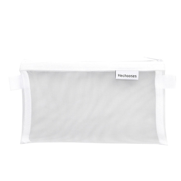 White transparent mesh pen pouch with zipper and side handle tabs