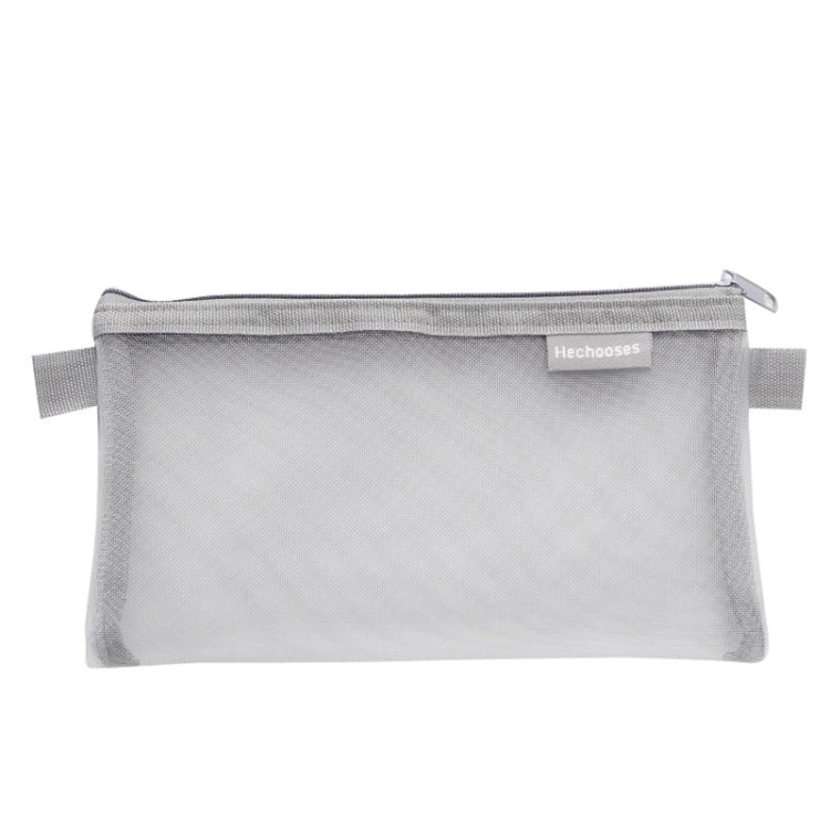 Gray transparent mesh pen pouch with zipper and side handle tabs