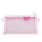 Pink transparent mesh pen pouch with zipper and side handle tabs