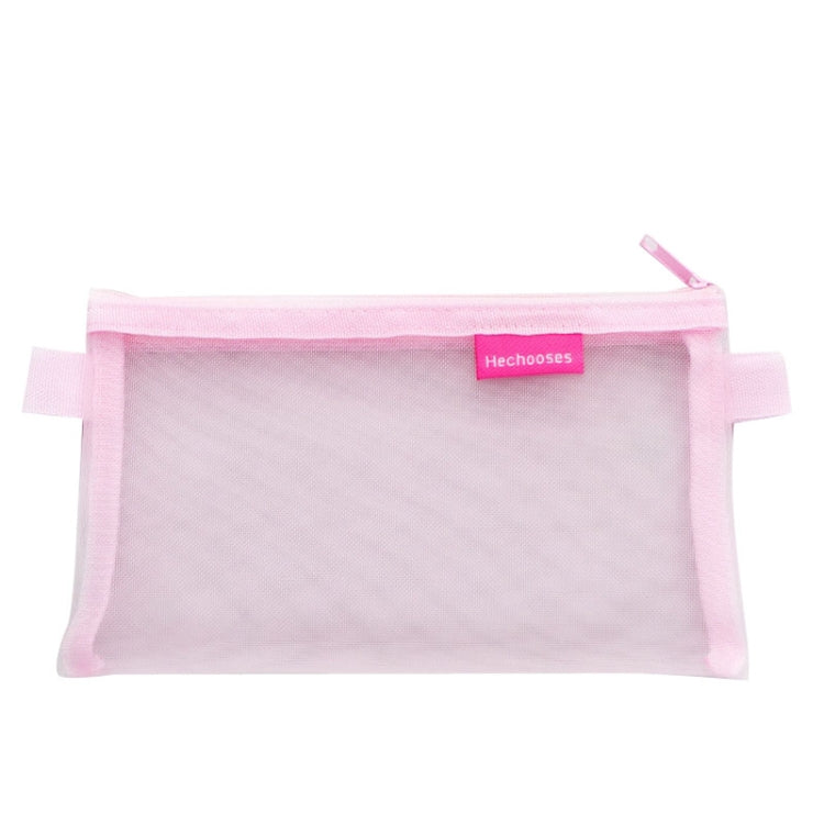 Pink transparent mesh pen pouch with zipper and side handle tabs