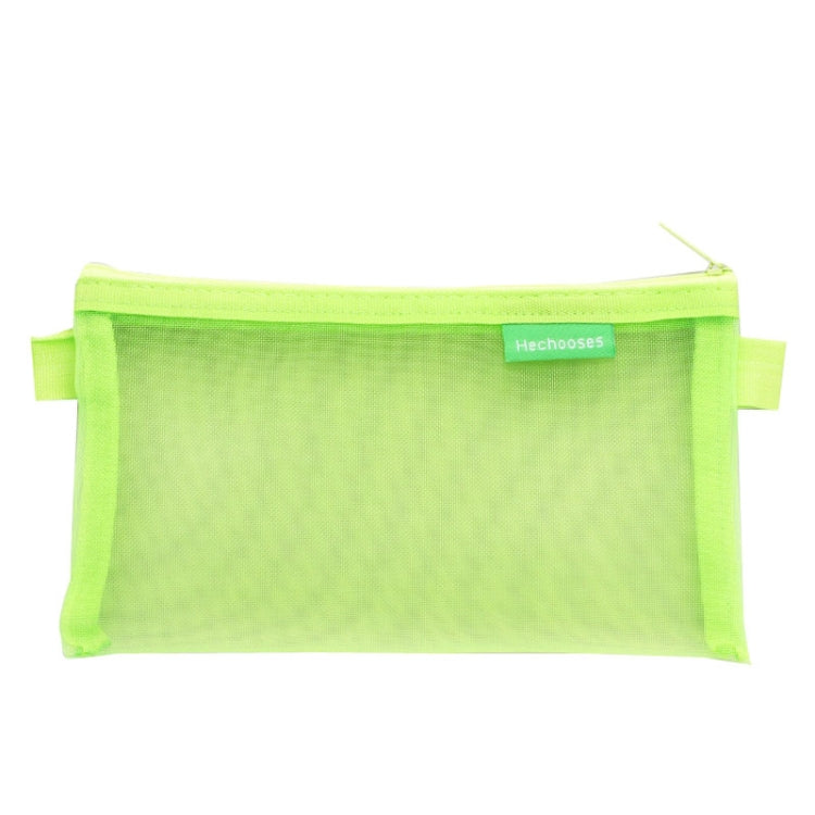 Green transparent mesh pen pouch with zipper and side handle tabs