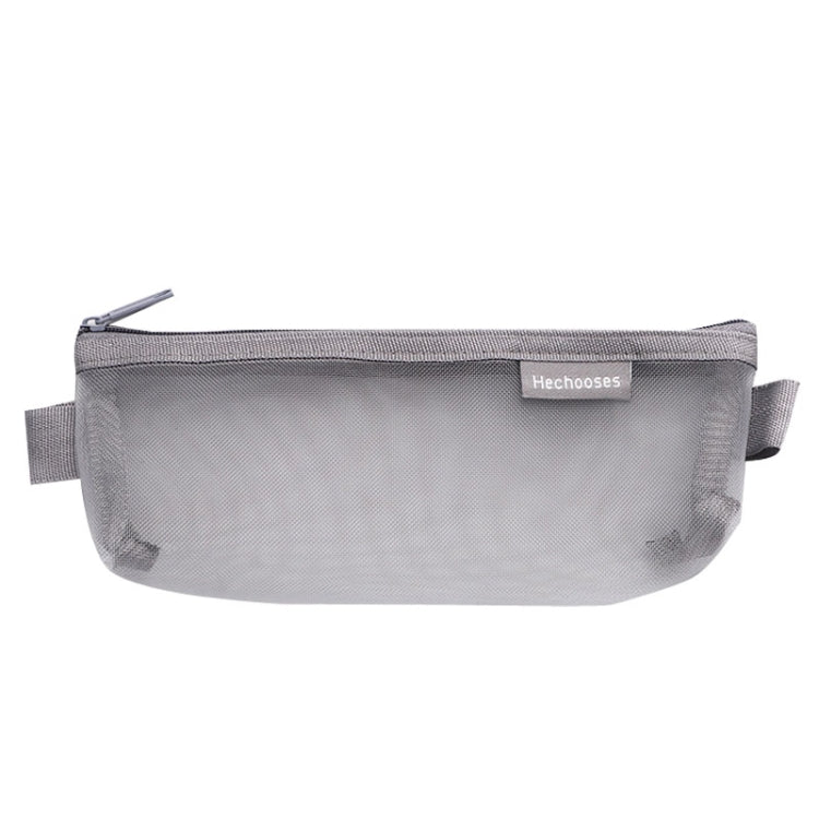 Light gray transparent mesh pen pouch with zipper and side handle tabs