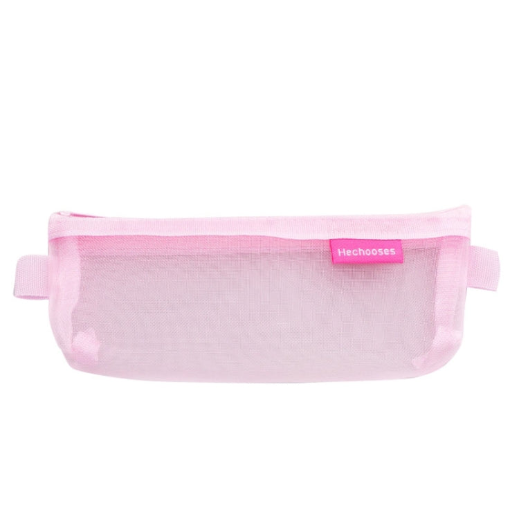 Light pink transparent mesh pen pouch with zipper and side handle tabs