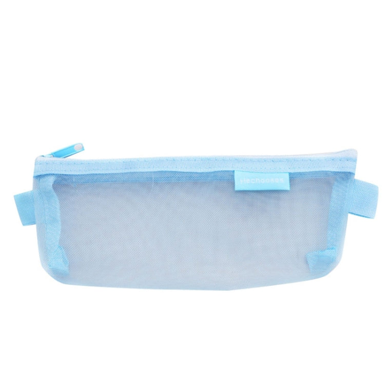 Light blue transparent mesh pen pouch with zipper and side handle tabs