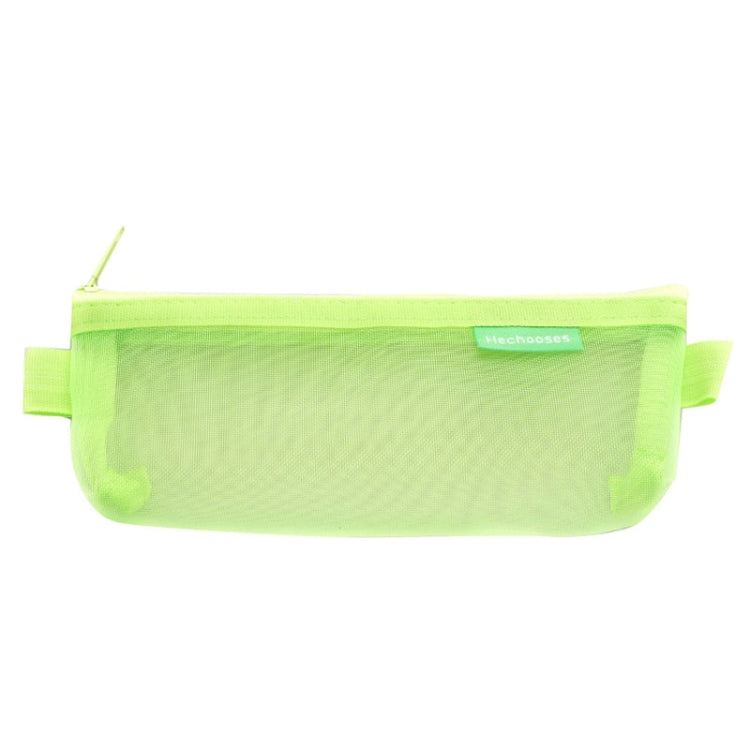 Neon lime transparent mesh zipper pen bag with flap and handle tab