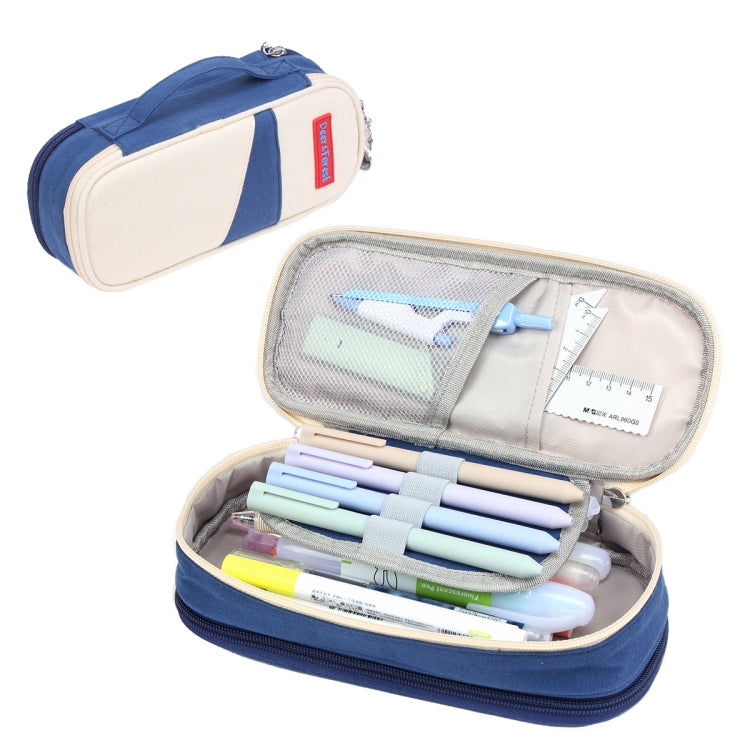 Navy blue canvas pencil case with double-layer interior, zip closure, open with pens inside.