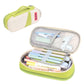 Lime green canvas pencil case with double-layer interior, zip closure, open with stationery.