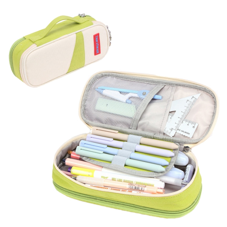 Lime green canvas pencil case with double-layer interior, zip closure, open with stationery.