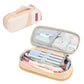 Khaki canvas pencil case with double-layer interior, zip closure, open with pens and rulers.