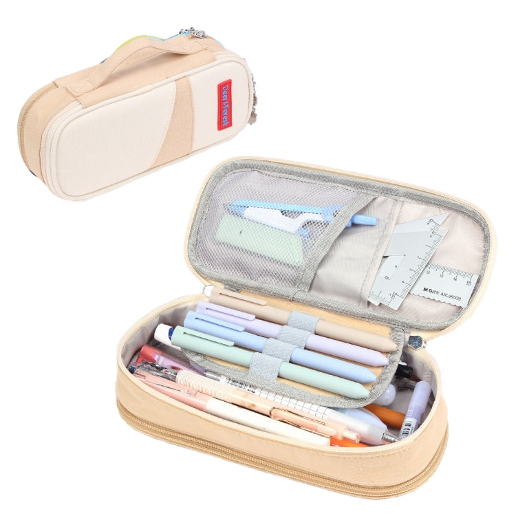Khaki canvas pencil case with double-layer interior, zip closure, open with pens and rulers.