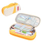 Orange-yellow canvas pencil case with double-layer interior, zip closure, open with stationery.