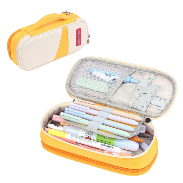 Orange-yellow canvas pencil case with double-layer interior, zip closure, open with stationery.