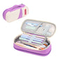 Purple canvas pencil case with double-layer interior, zip closure, open with pens inside.