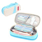 Light blue canvas pencil case with double-layer interior, zip closure, open with pens inside.