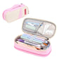 Pink canvas pencil case with double-layer interior, zip closure, open with pens inside.