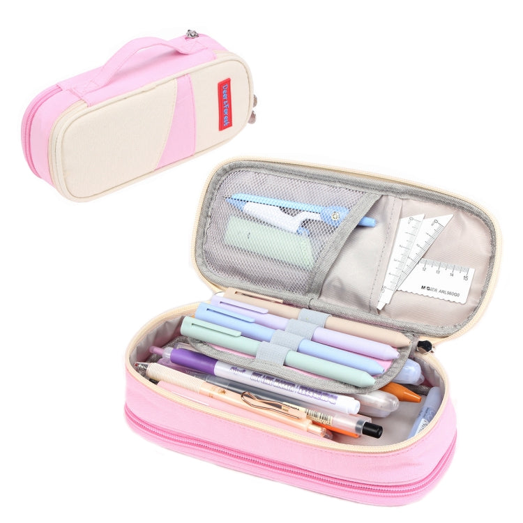 Pink canvas pencil case with double-layer interior, zip closure, open with pens inside.
