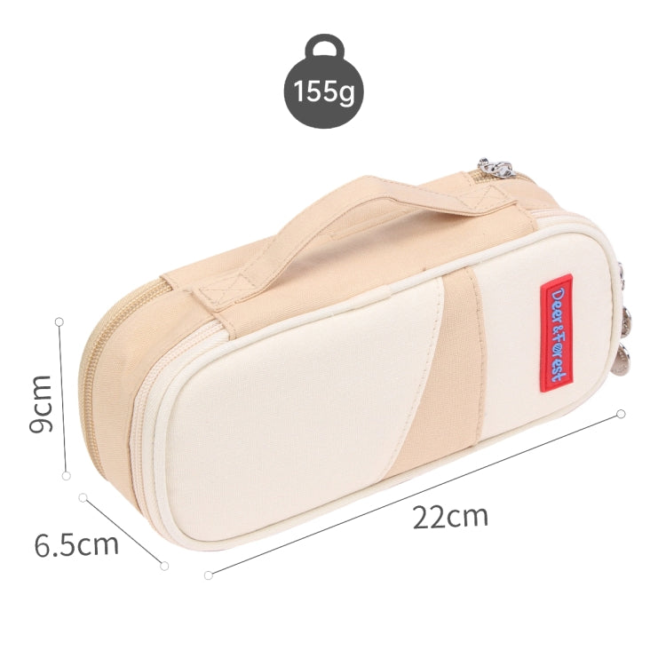 Khaki canvas pencil case with zip closure, labeled tag, front view with size details.