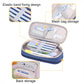 Canvas pencil case showing mesh storage and elastic band fixing design, zip open view.
