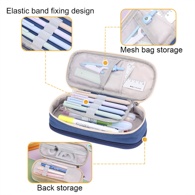 Canvas pencil case showing mesh storage and elastic band fixing design, zip open view.