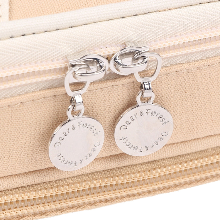 Canvas pencil case with two round metal zipper pulls on beige double zipper track.