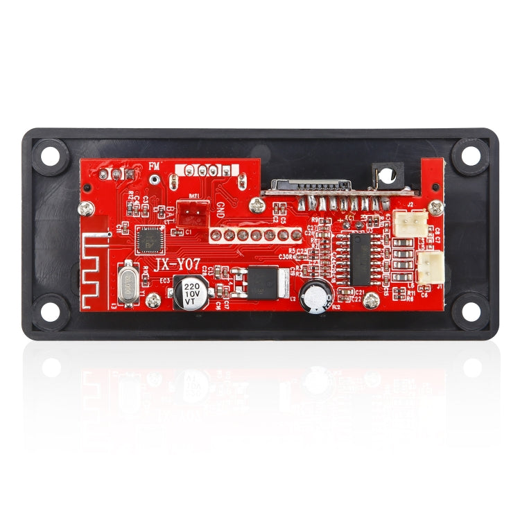 Red and black Bluetooth decoder circuit board with mounted chips and connector pads