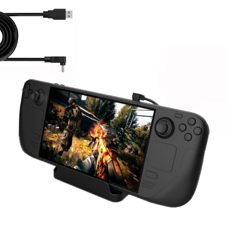 Black Steam Deck console holder with charging cable, console docked