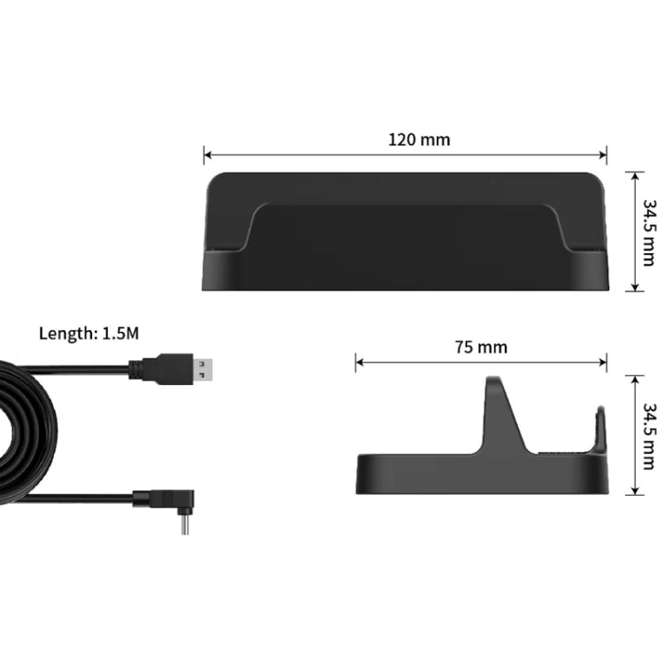 Black Steam Deck console holder with dimensions and charging cable length