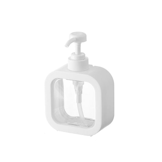Transparent plastic press pump sanitizer bottle with split housing, white dispenser top