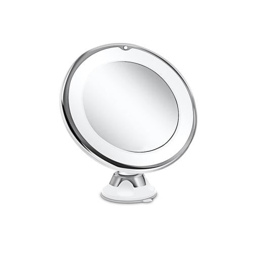 Round LED makeup mirror with magnifying lens, chrome rim, white suction-cup stand