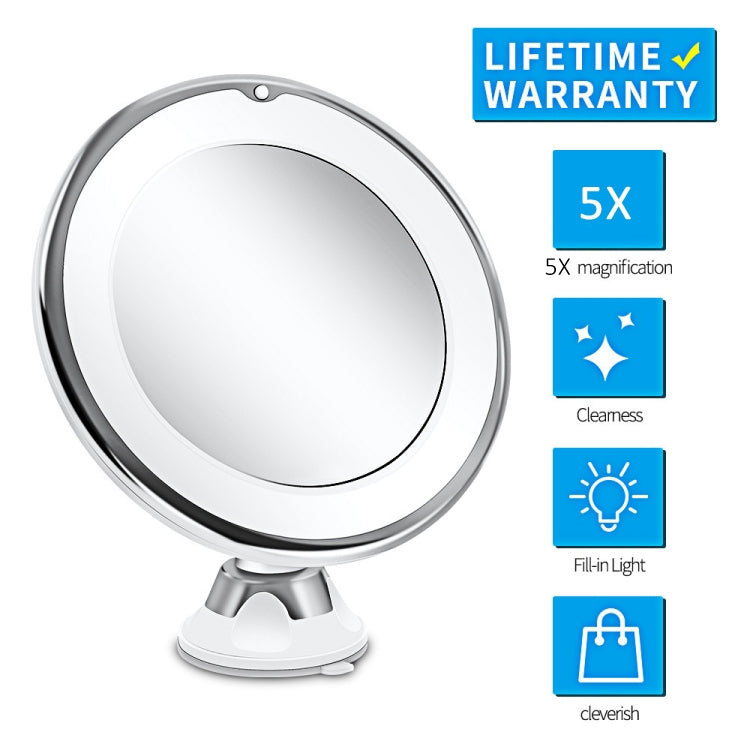 LED makeup mirror with magnifying lens, chrome frame, white suction-cup base