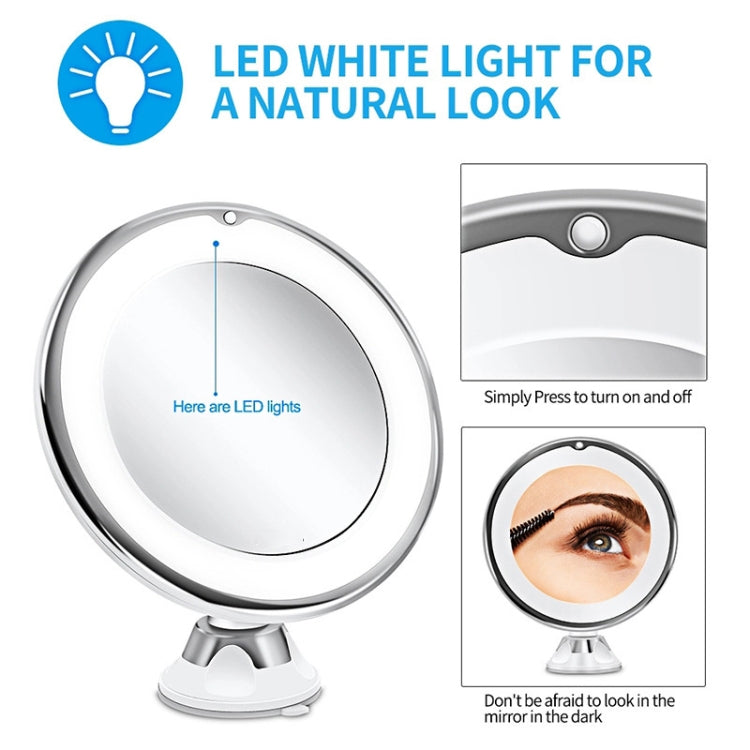 LED makeup mirror with on/off use shown in inset and circular magnifying face